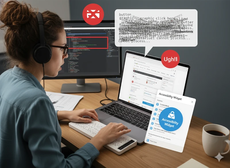 una donna che non riesce a completare un acquisto a causa di un overlay di accessibilità